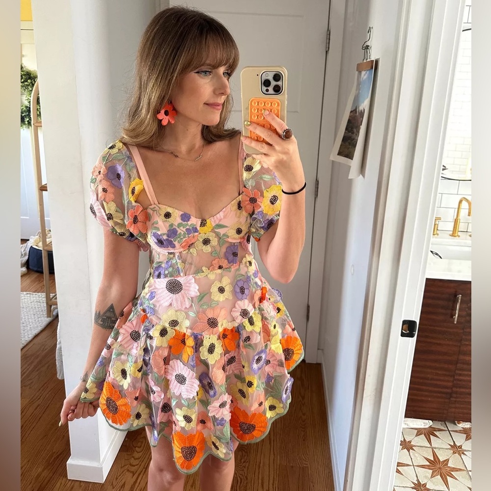 NWT For Love & Lemons Prato Flower Floral Appliqué Mini Dress - Picture 5 of 13